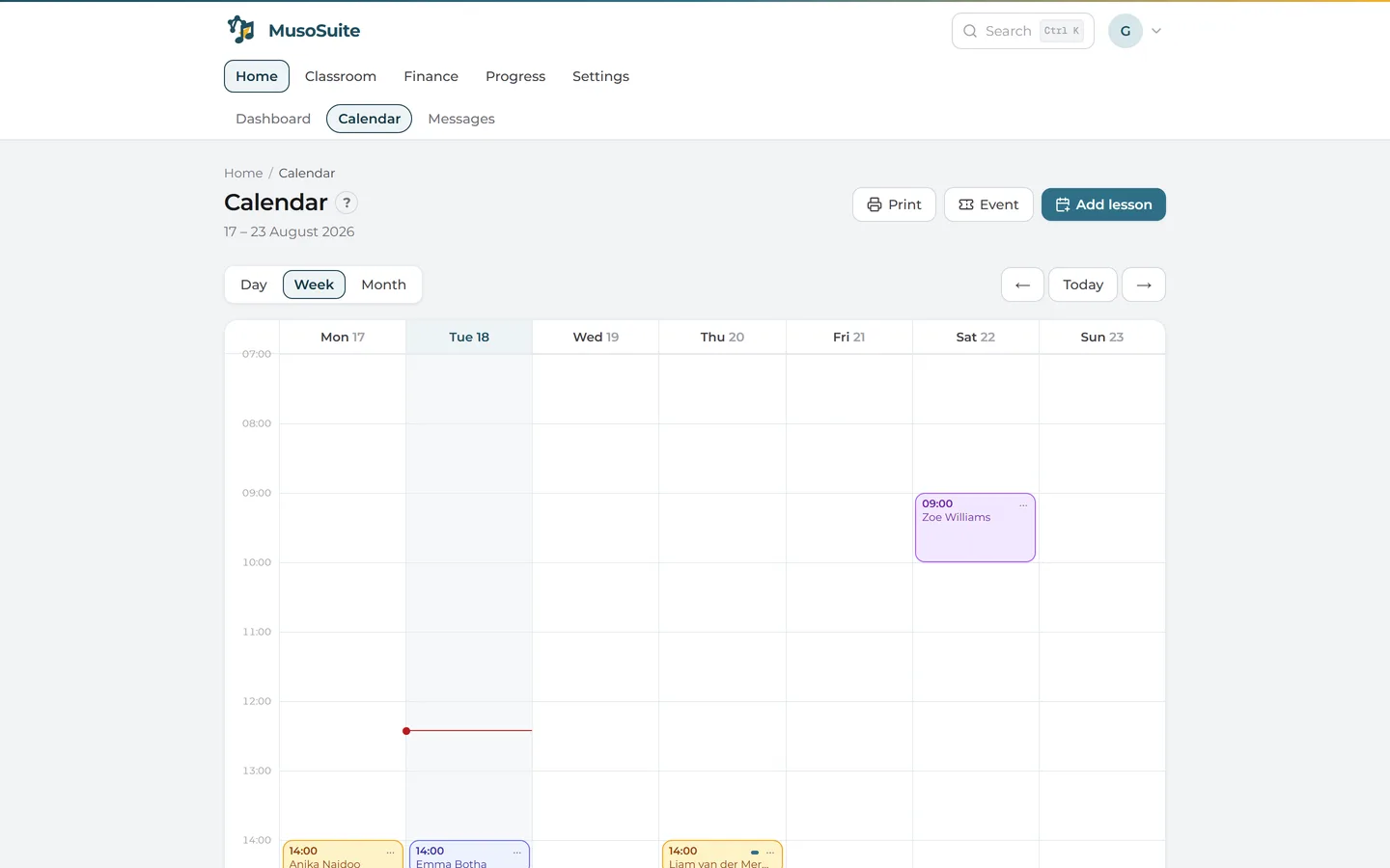 The MusoSuite weekly calendar with lessons laid out across the days of the week.