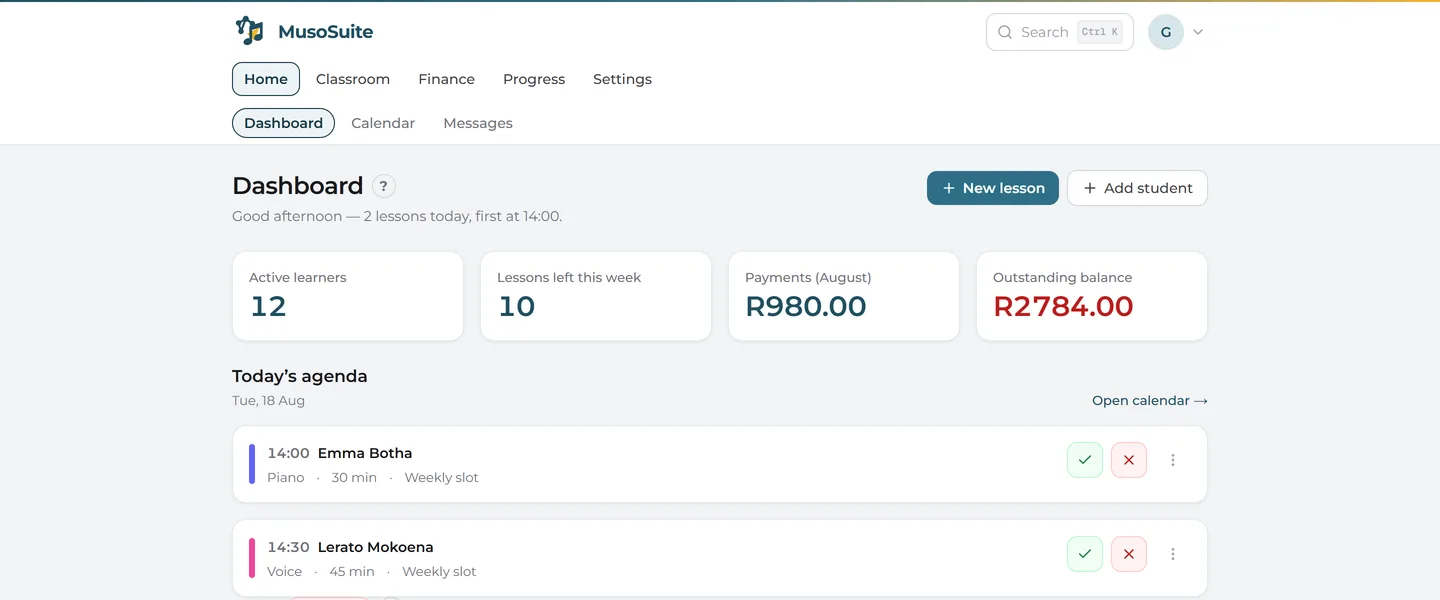The MusoSuite dashboard: active learners, lessons left this week, payments received and outstanding balance, above today's lesson agenda.