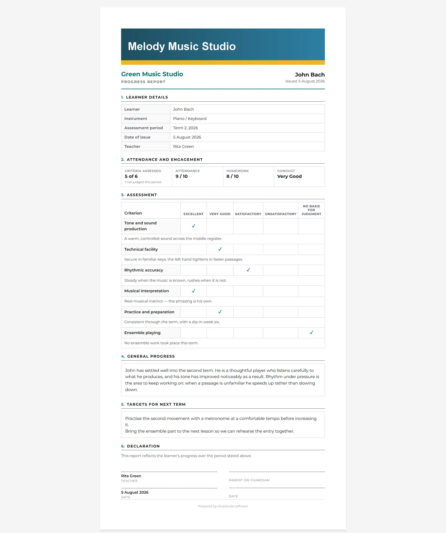 A printed progress report with learner details, attendance, and a criteria grid rating each area from Excellent to No Basis for Judgment.